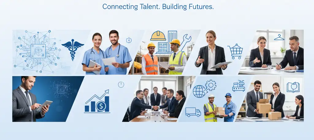 A professional architect reviews blueprints on a tablet in a modern office