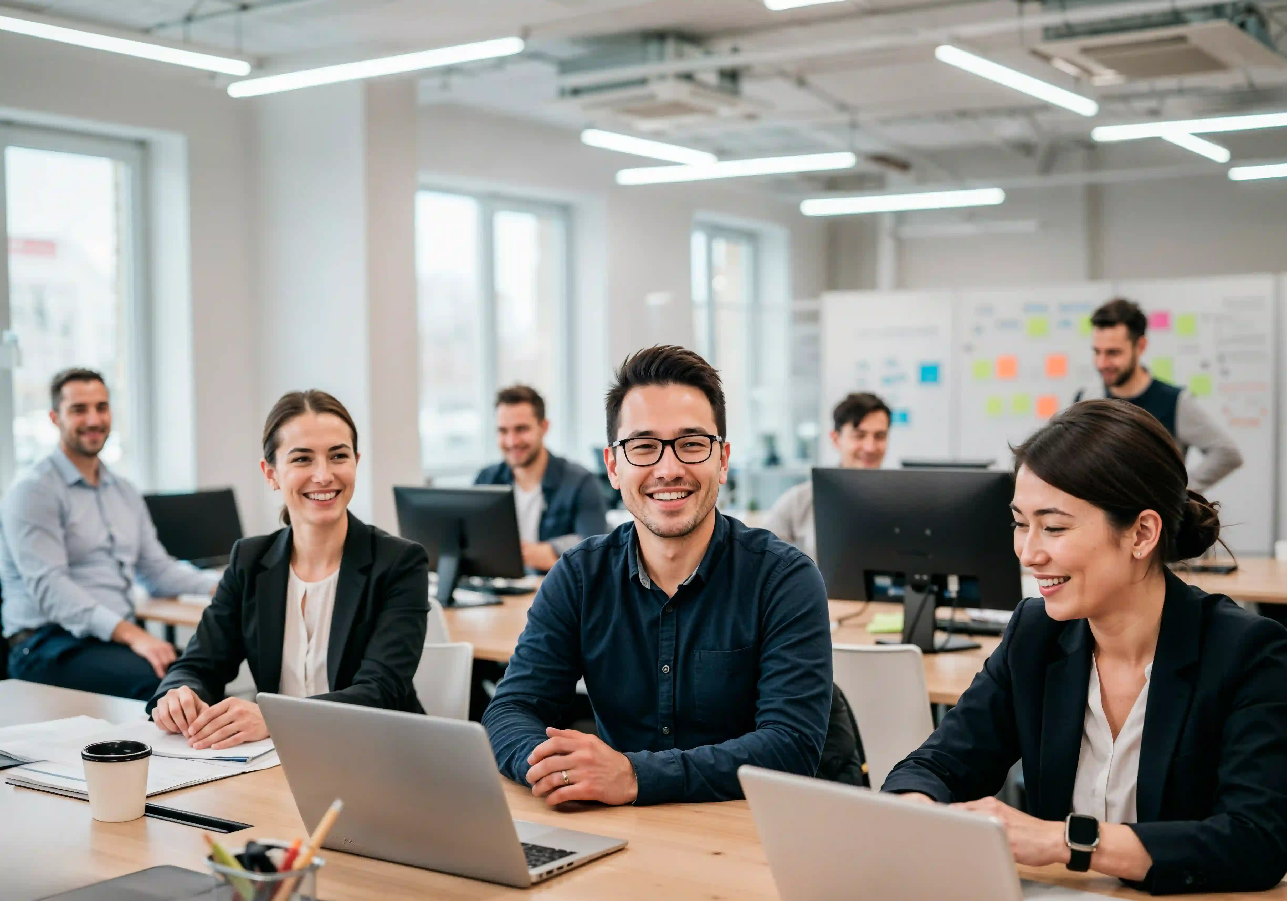 A diverse professional team collaborating in a bright, modern office